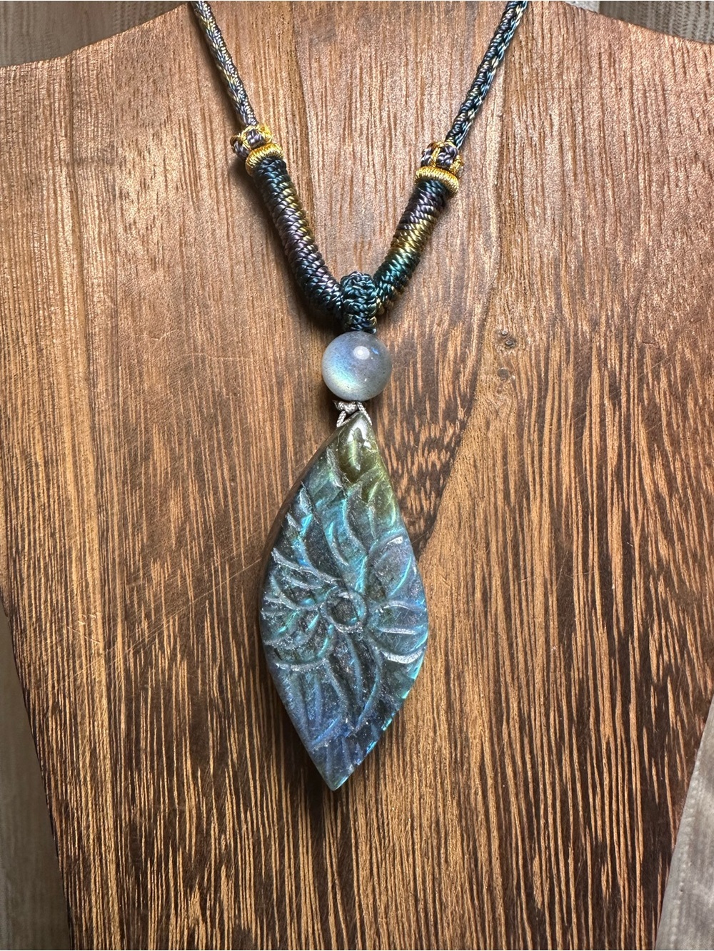 Labradorite Floral Carved Pendant Necklace - Blue Green and Golden